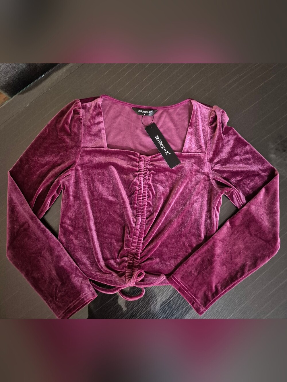 Allegra K Women's Velvet Ruched Long Sleeve Top - Plum. NWT!